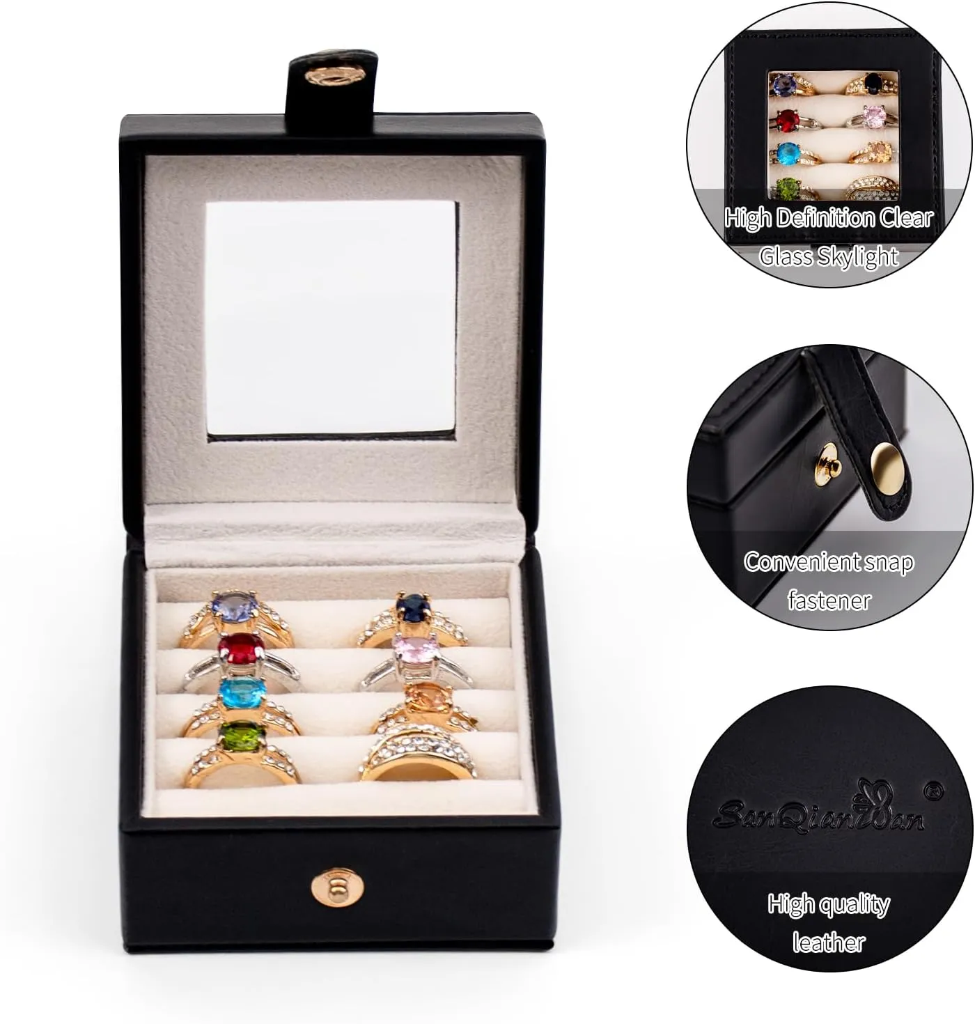 SANQIANWAN Small Leather Jewelry Box with Glass Top Mini Ring Display Case with 4 Slots for Selling Gift for Girls and Women (Black)