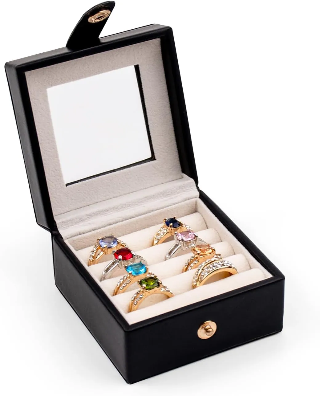 SANQIANWAN Small Leather Jewelry Box with Glass Top Mini Ring Display Case with 4 Slots for Selling Gift for Girls and Women (Black)