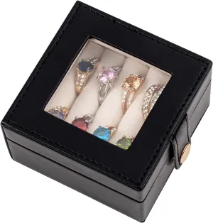 SANQIANWAN Small Leather Jewelry Box with Glass Top Mini Ring Display Case with 4 Slots for Selling Gift for Girls and Women (Black)