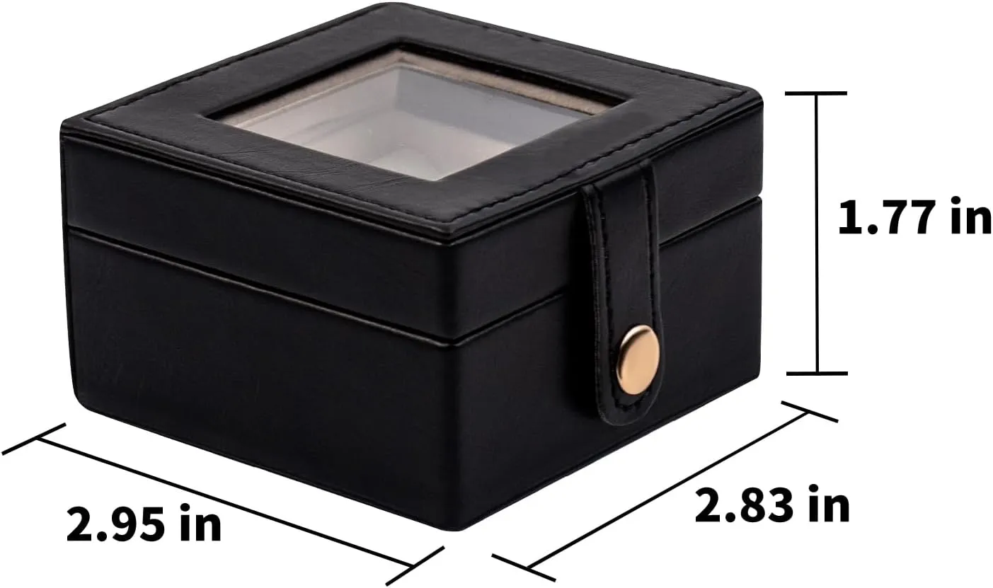 SANQIANWAN Small Leather Jewelry Box with Glass Top Mini Ring Display Case with 4 Slots for Selling Gift for Girls and Women (Black)