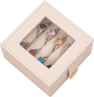 SANQIANWAN Small Leather Jewelry Box with Glass Top Mini Ring Display Case with 8 Slots for Selling Gift for Girls and Women (Pearl White)