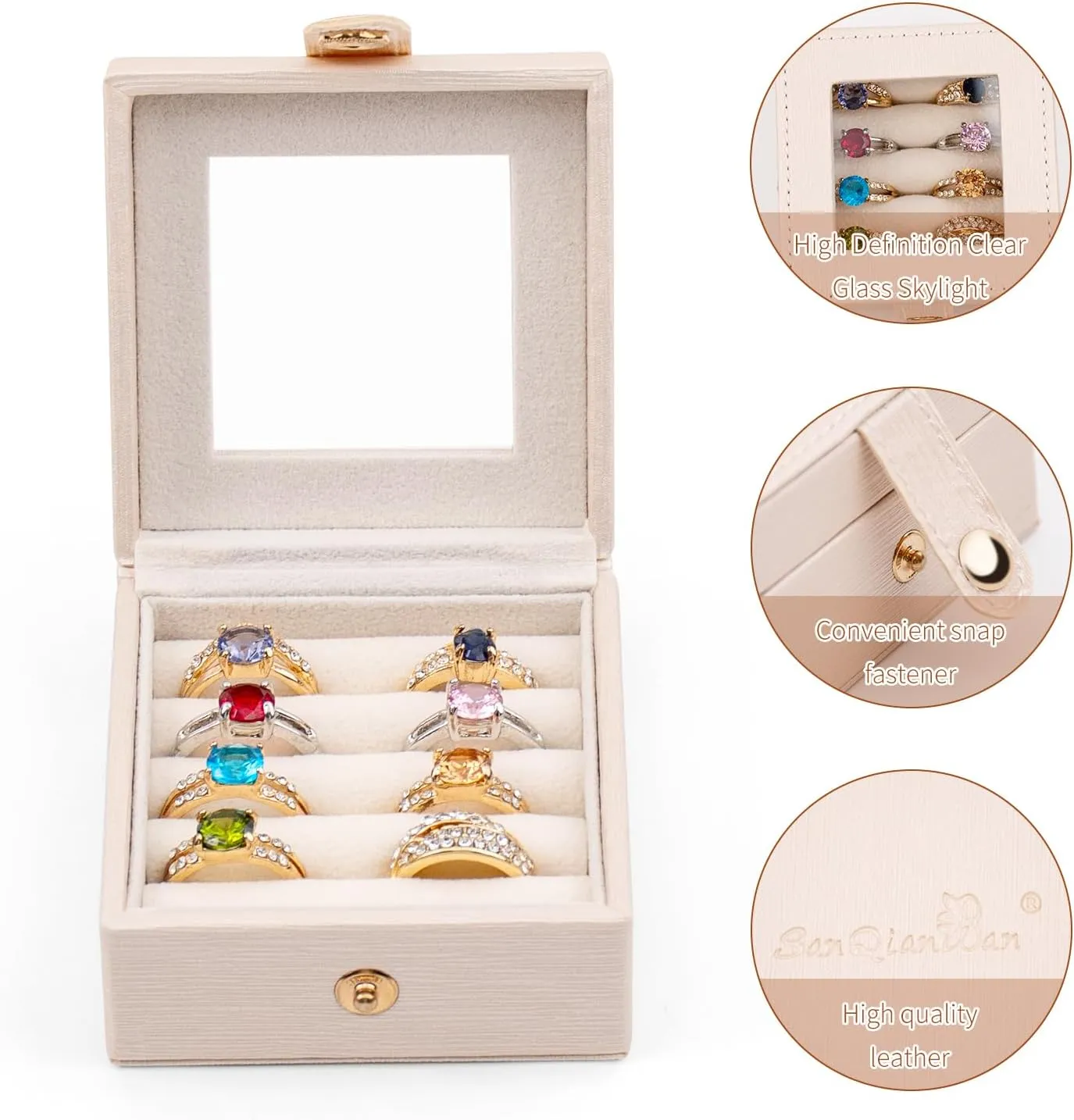 SANQIANWAN Small Leather Jewelry Box with Glass Top Mini Ring Display Case with 8 Slots for Selling Gift for Girls and Women (Pearl White)