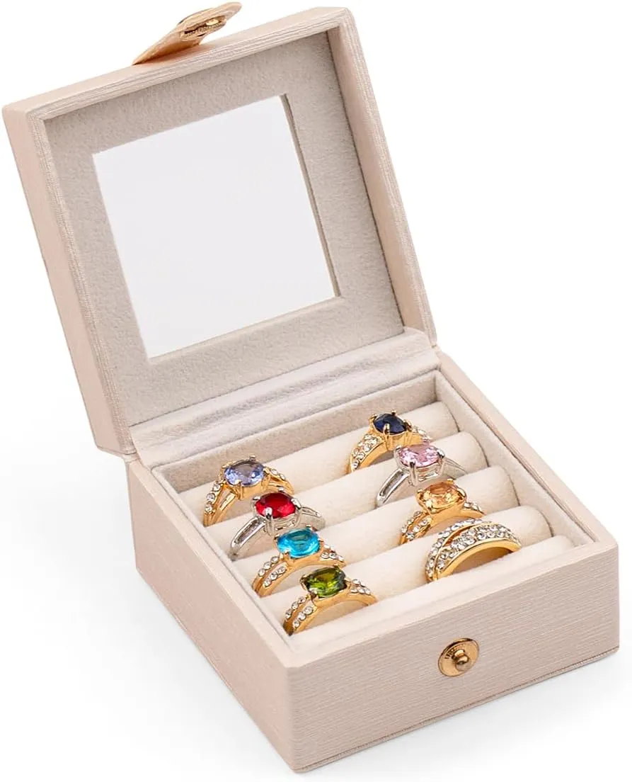 SANQIANWAN Small Leather Jewelry Box with Glass Top Mini Ring Display Case with 8 Slots for Selling Gift for Girls and Women (Pearl White)