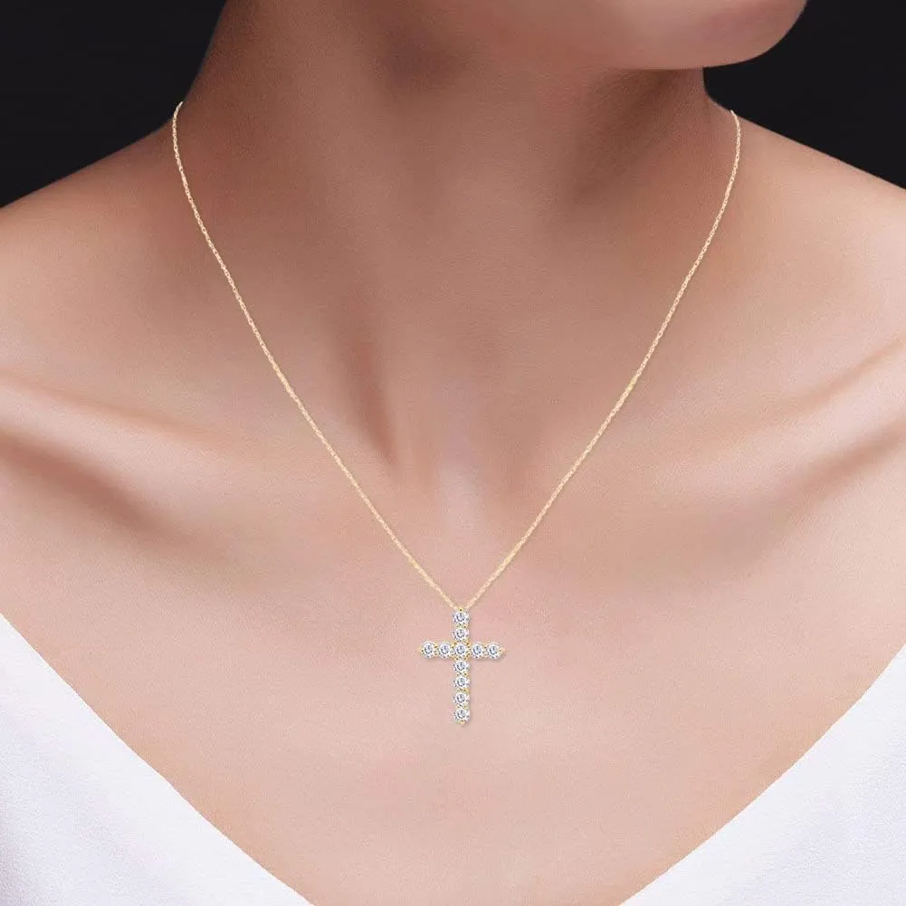 SAVEARTH DIAMONDS 18K Gold Plated Sterling Silver Lab Created Moissanite Diamond Cross Pendant Necklace for Women, with 11 Pieces of 3mm VVS1, D moissanites,Small and Exquisite Necklace,18" Chain