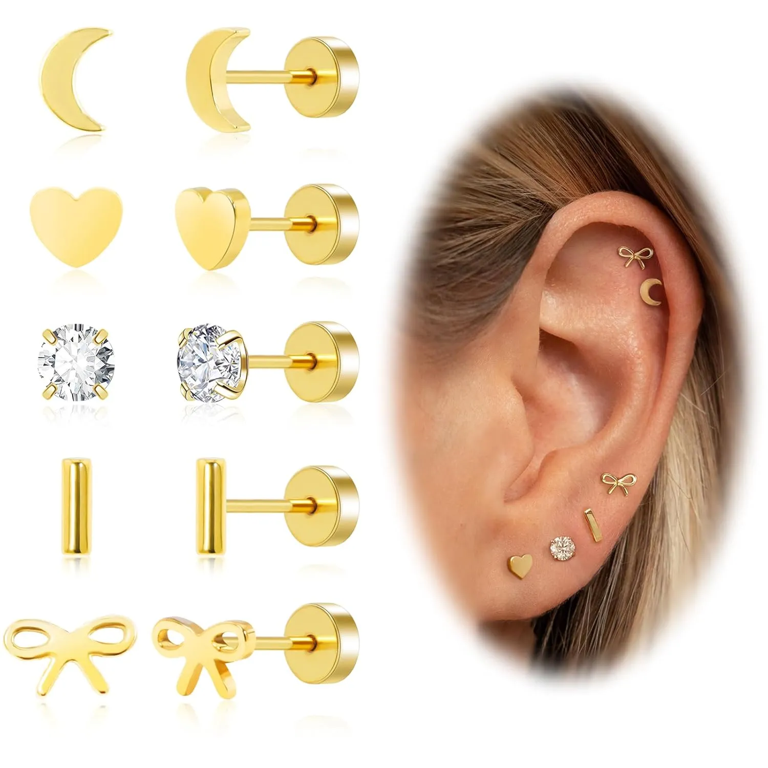Screw Back Earrings for Women,14K Gold Flat Back Stud Earrings Hypoallergenic Surgical Steel Small CZ Stud Heart Bar Bow Cartilage Earring Set for Tragus Helix Multiple Piercing