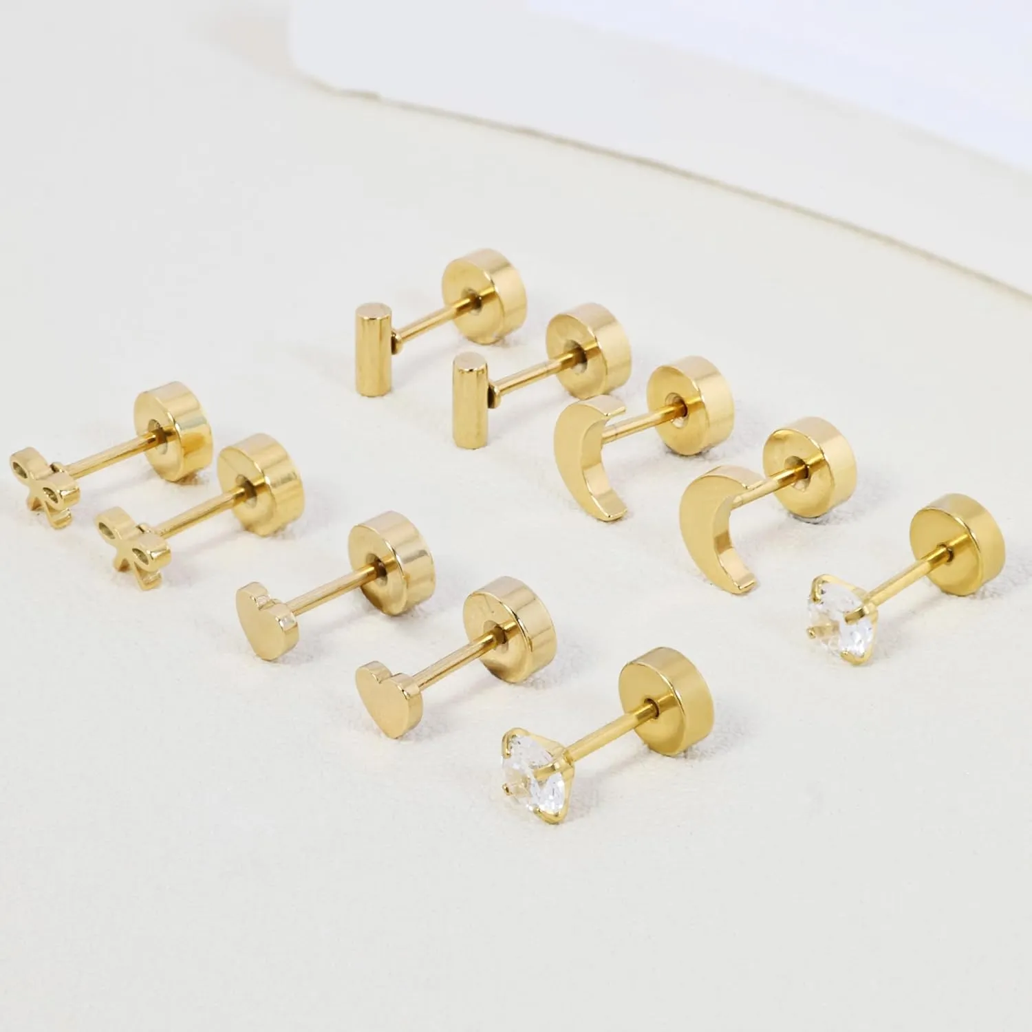 Screw Back Earrings for Women,14K Gold Flat Back Stud Earrings Hypoallergenic Surgical Steel Small CZ Stud Heart Bar Bow Cartilage Earring Set for Tragus Helix Multiple Piercing