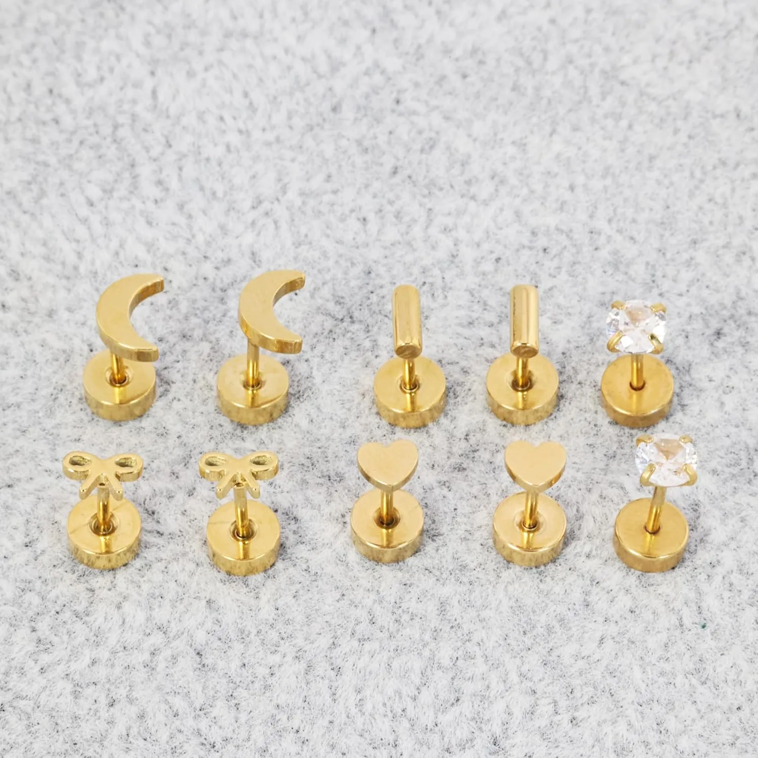 Screw Back Earrings for Women,14K Gold Flat Back Stud Earrings Hypoallergenic Surgical Steel Small CZ Stud Heart Bar Bow Cartilage Earring Set for Tragus Helix Multiple Piercing