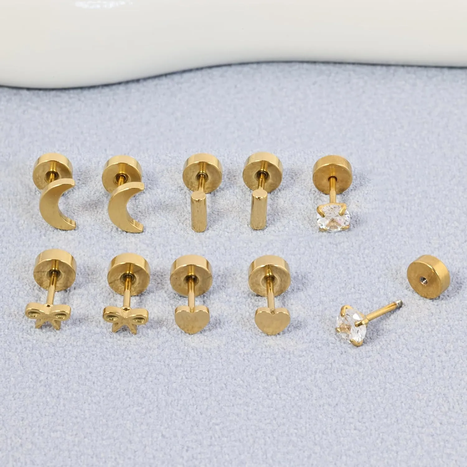 Screw Back Earrings for Women,14K Gold Flat Back Stud Earrings Hypoallergenic Surgical Steel Small CZ Stud Heart Bar Bow Cartilage Earring Set for Tragus Helix Multiple Piercing