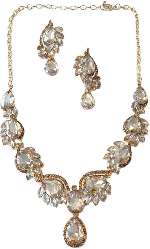 Secret for Longevity Gold Tone Antique Art Deco Vintage Retro Style Flapper Gatsby Champagne Amber Yellow Citrine Rhinestone Statement Wedding Bridal Prom Necklace Earring Set