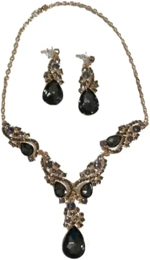 Secret for Longevity Gold Tone Antique Style Art Deco Grey Smokey Topaz Slate Rhinestone Statement Wedding Bridal Prom Chunky Statement Earrings Necklace Gift Set
