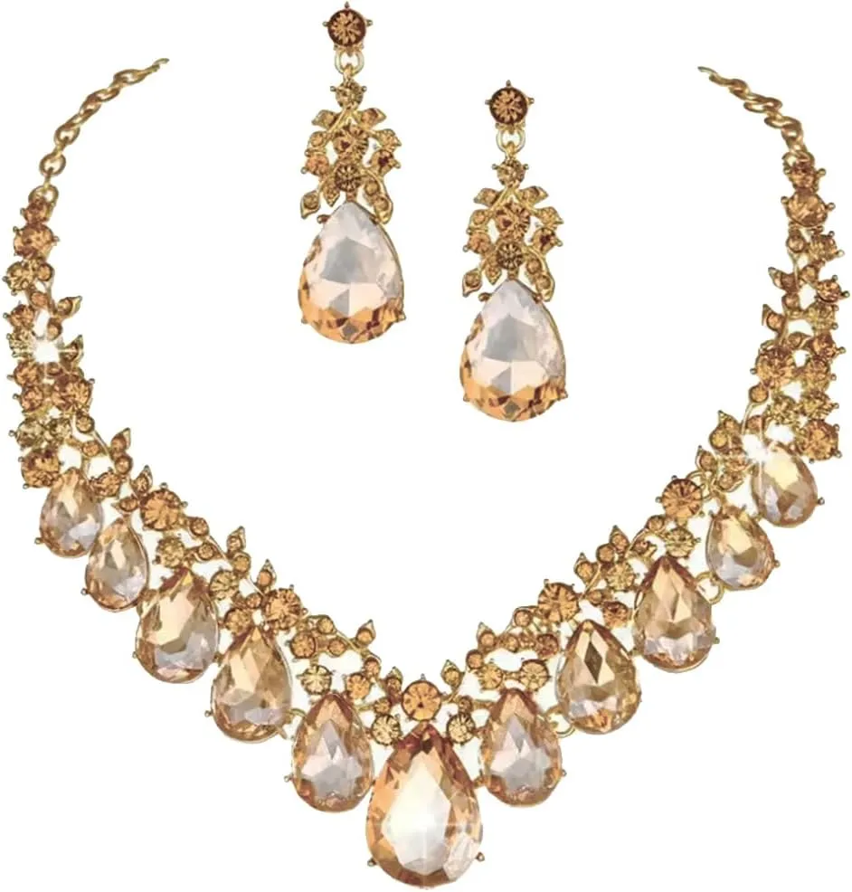 Secret for Longevity Gold Tone Antique Style Art Deco Vintage Retro Amber Honey Yellow Topaz Citrine Champagne Rhinestone Statement Wedding Bridal Prom Chunky Statement Earrings Necklace Gift Set