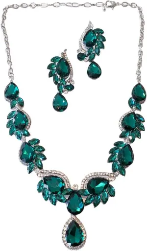Secret for Longevity Silver Tone Antique Art Deco Vintage Retro Style Flapper Gatsby Dark Green Hunter Emerald Rhinestone Statement Wedding Bridal Prom Necklace Earring Set