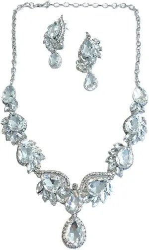 Secret for Longevity Silver Tone Antique Art Deco Vintage Retro Style Flapper Gatsby Rhinestone Statement Wedding Bridal Prom Necklace Earring Set