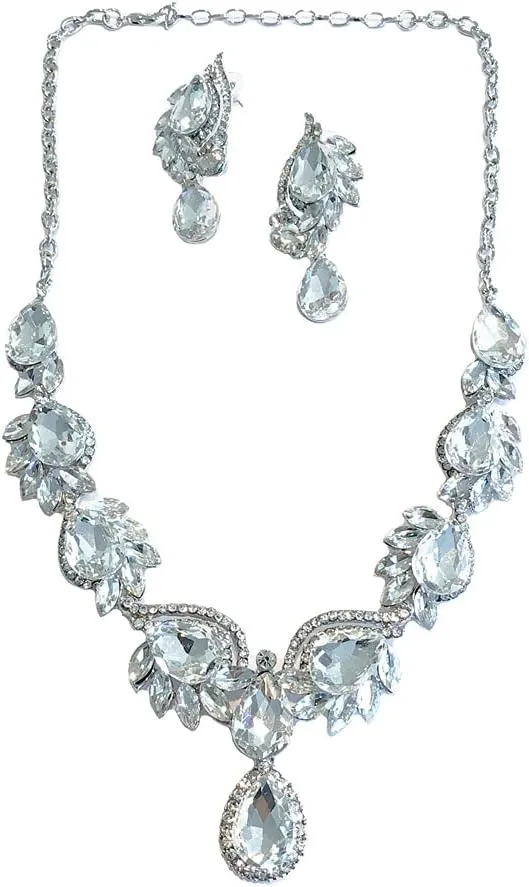 Secret for Longevity Silver Tone Antique Art Deco Vintage Retro Style Flapper Gatsby Rhinestone Statement Wedding Bridal Prom Necklace Earring Set