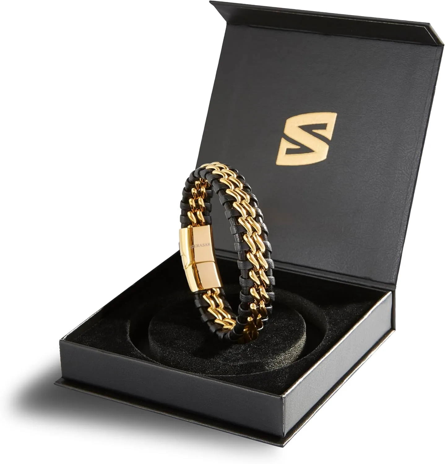 SERASAR | Premium Genuine Leather Bracelet [Steel] for Men in Black | Magnetic Stainless Steel Clasp in Black, Silver and Gold | Exclusive Jewellery Box | Great Gift Idea