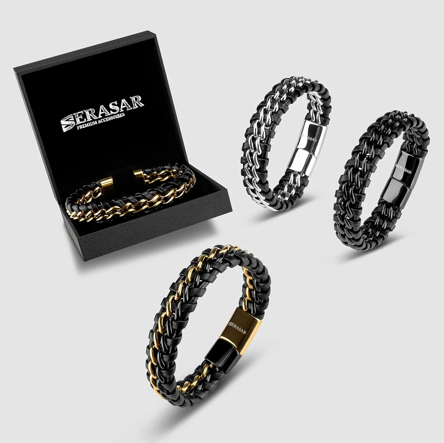 SERASAR | Premium Genuine Leather Bracelet [Steel] for Men in Black | Magnetic Stainless Steel Clasp in Black, Silver and Gold | Exclusive Jewellery Box | Great Gift Idea