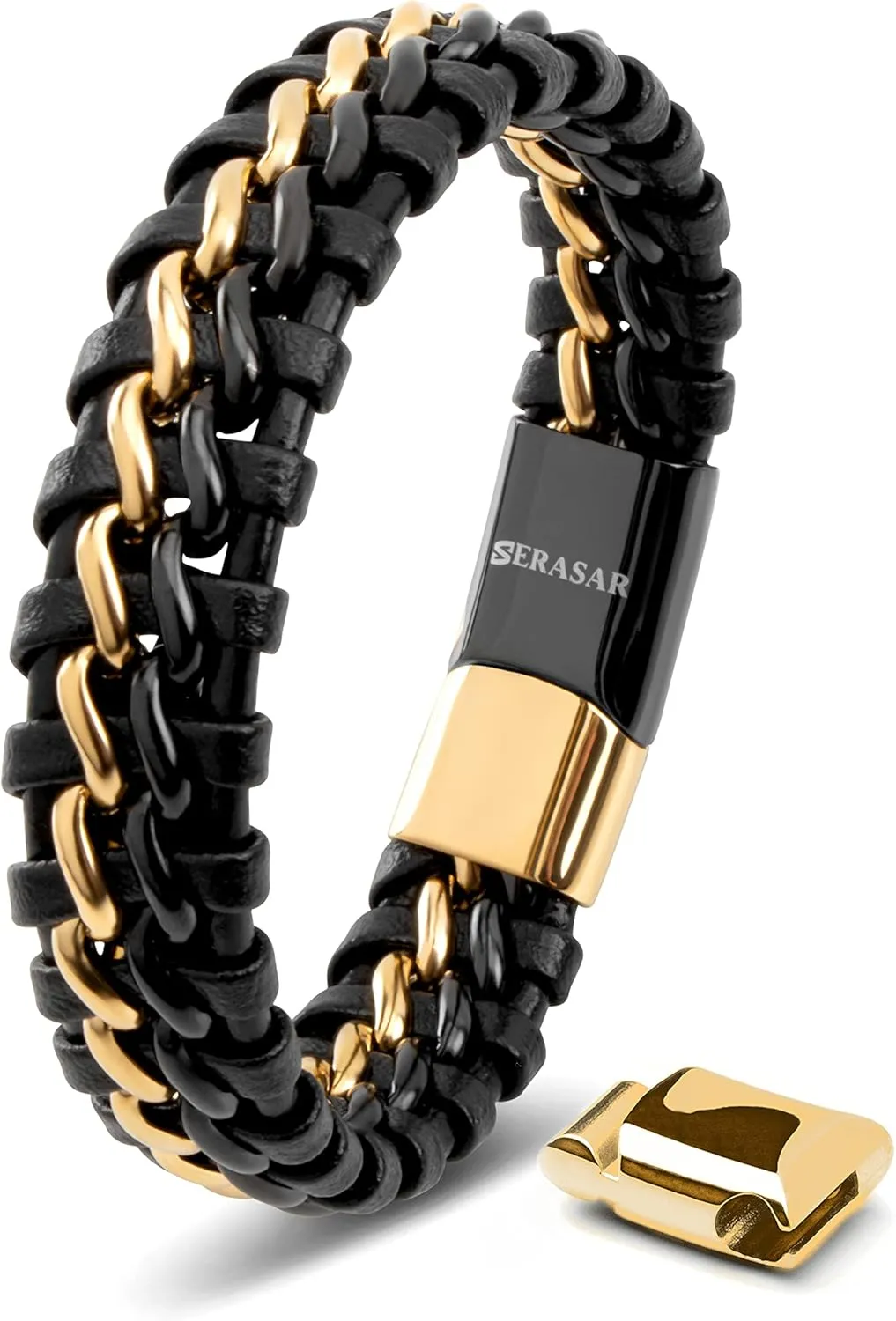 SERASAR | Premium Genuine Leather Bracelet [Steel] for Men in Black | Magnetic Stainless Steel Clasp in Black, Silver and Gold | Exclusive Jewellery Box | Great Gift Idea