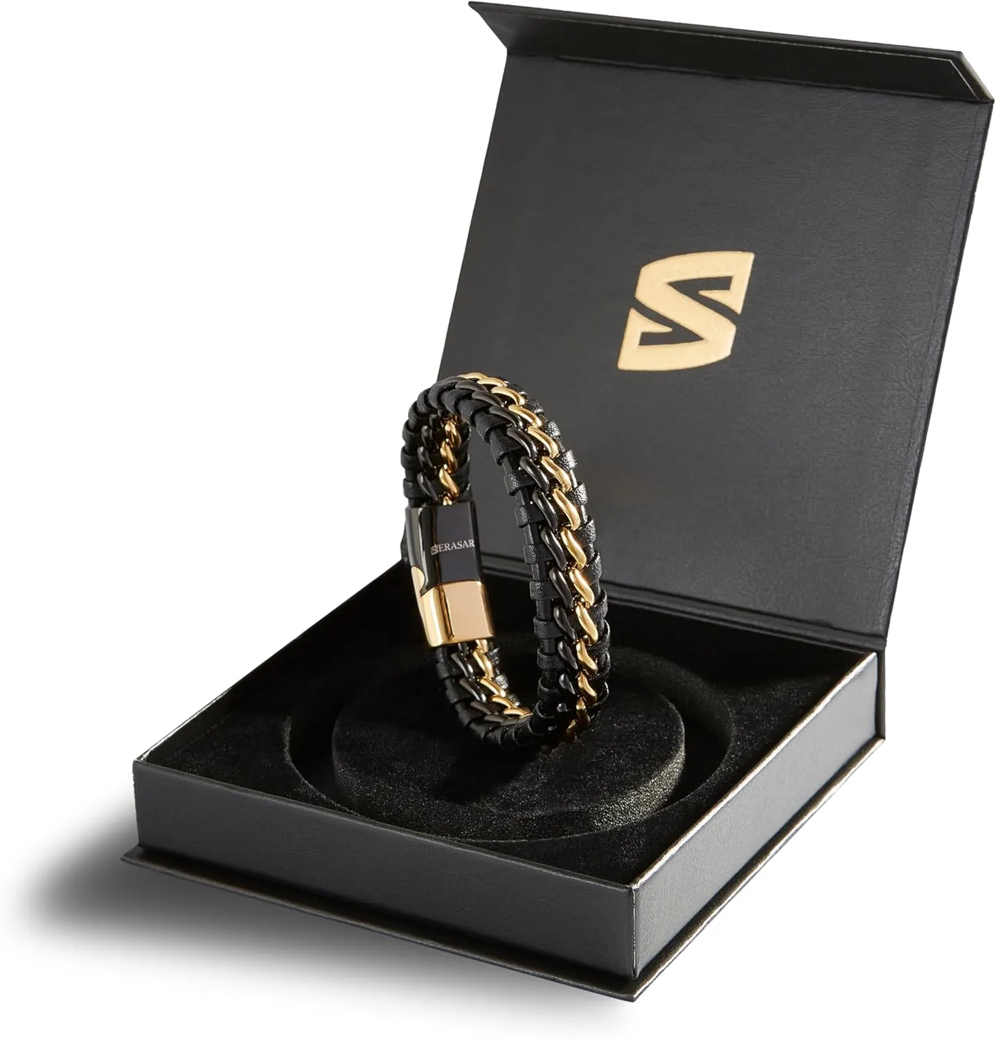 SERASAR | Premium Genuine Leather Bracelet [Steel] for Men in Black | Magnetic Stainless Steel Clasp in Black, Silver and Gold | Exclusive Jewellery Box | Great Gift Idea