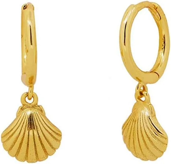 Shell Gold Dainty Dangle Hoop Earrings for Women Huggie Tiny 18K Gold Plated Delicate Cute Geometric Dangling Earring Drop Sterling Silver Post Hypoallergenic Jewelry Gift