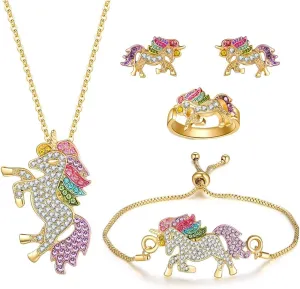 SHWIN Unicorns Gifts for Girls Kids Jewelry 2 or 4 Pack Unicorn Necklace Bracelet Earrings Ring Jewelry Set Birthday Gifts for Girls Daughter Granddaughter Niece
