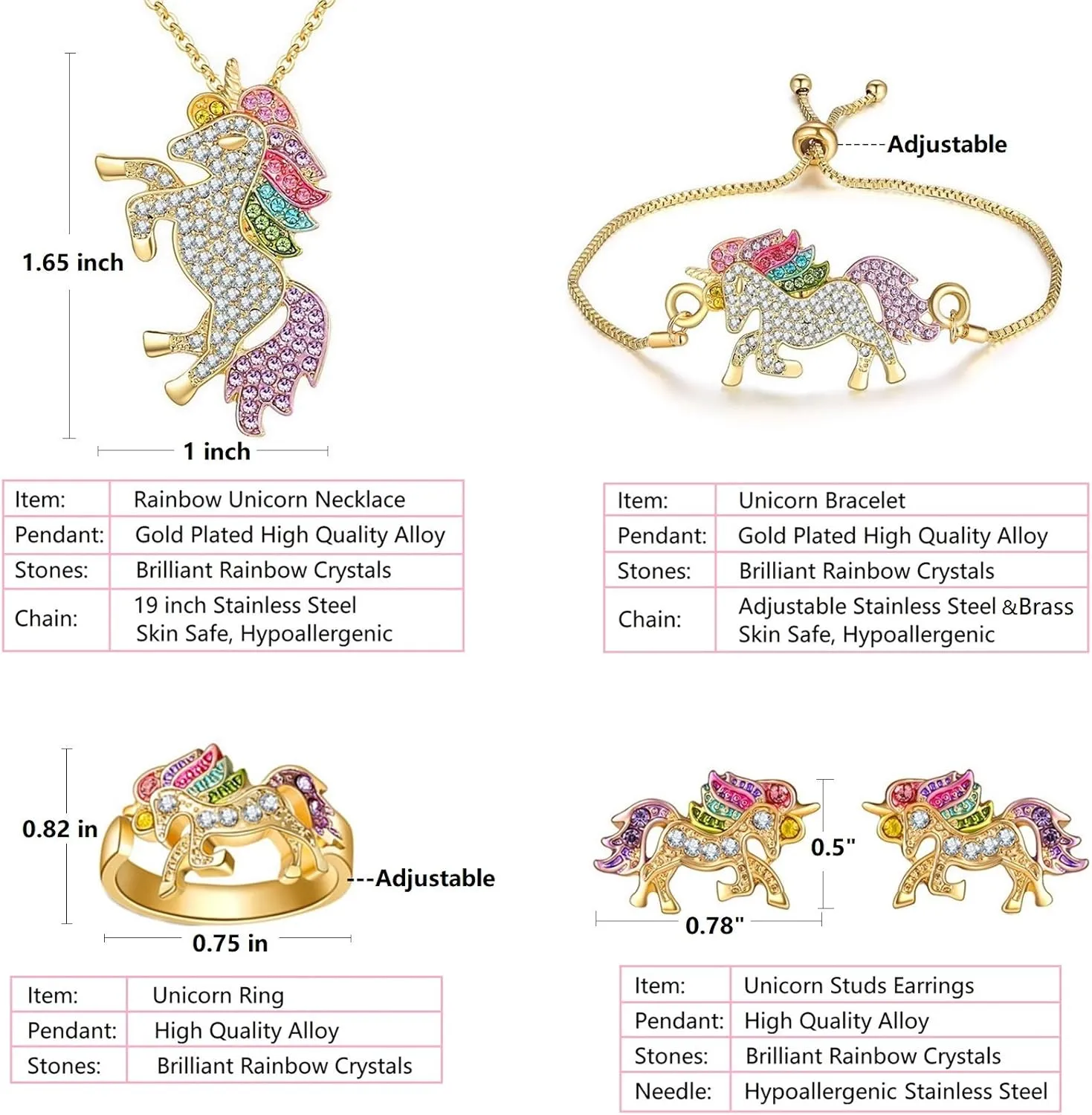 SHWIN Unicorns Gifts for Girls Kids Jewelry 2 or 4 Pack Unicorn Necklace Bracelet Earrings Ring Jewelry Set Birthday Gifts for Girls Daughter Granddaughter Niece