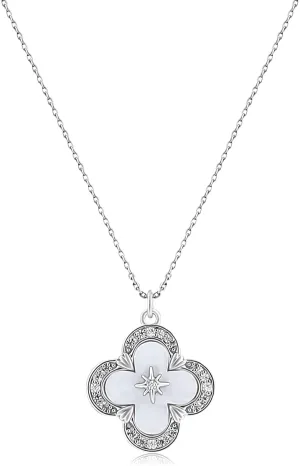 Silver Clover Necklace for Women 14K Gold Plated Mother of Pearl Clover Pendant Necklace Cubic Zirconia Lucky Four Leaf Clover Charm Necklace Adjustable Chain Trendy Party Jewelry Gift for Women