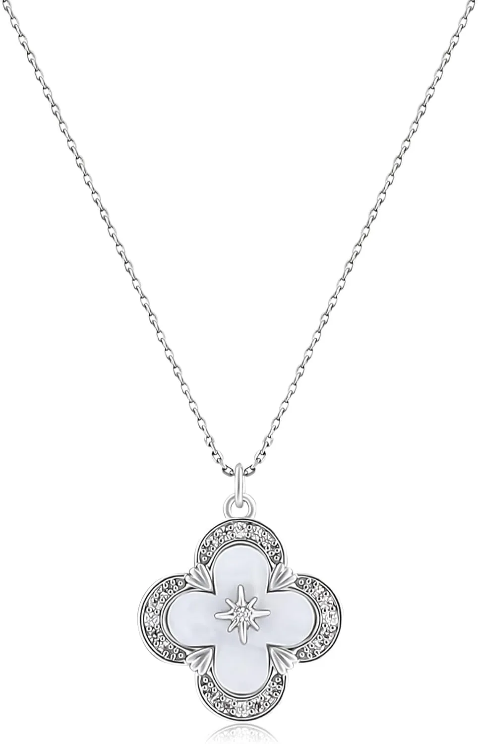 Silver Clover Necklace for Women 14K Gold Plated Mother of Pearl Clover Pendant Necklace Cubic Zirconia Lucky Four Leaf Clover Charm Necklace Adjustable Chain Trendy Party Jewelry Gift for Women