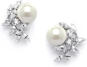 Silver Mariell Pearl and Marquise Cut CZ Crystal Wedding Earrings for Brides, Bridesmaids & Mother of the Bride