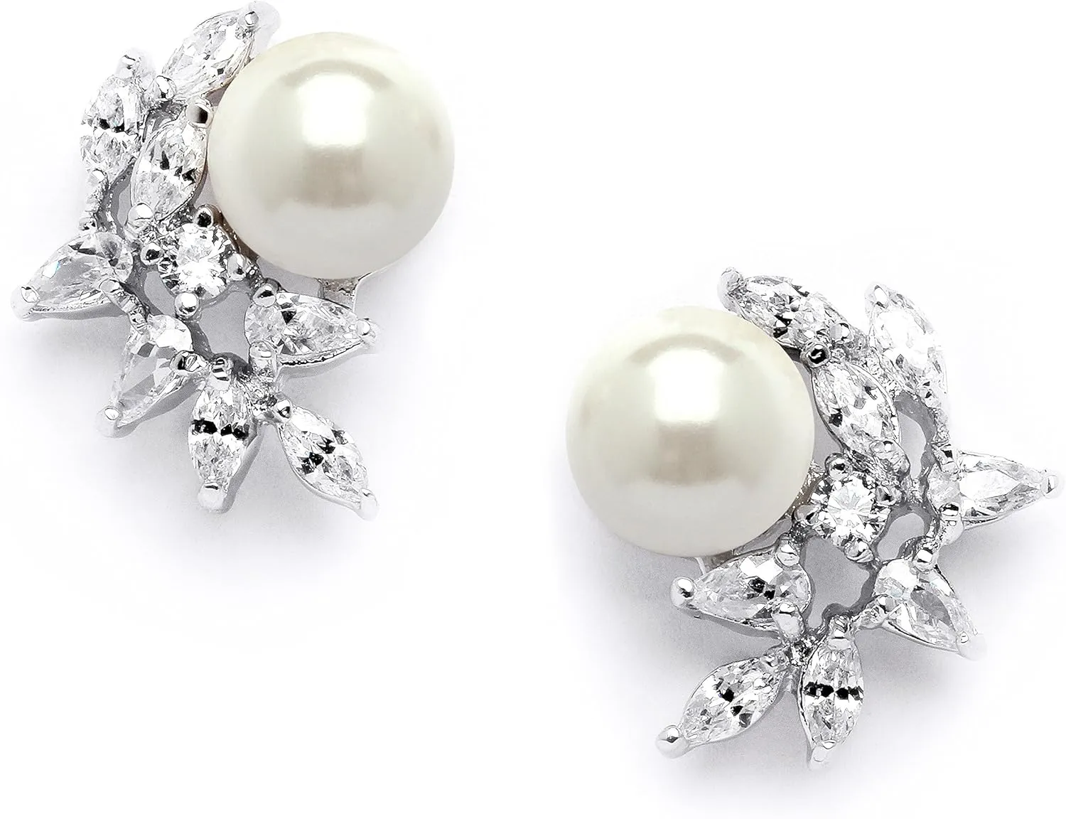 Silver Mariell Pearl and Marquise Cut CZ Crystal Wedding Earrings for Brides, Bridesmaids & Mother of the Bride