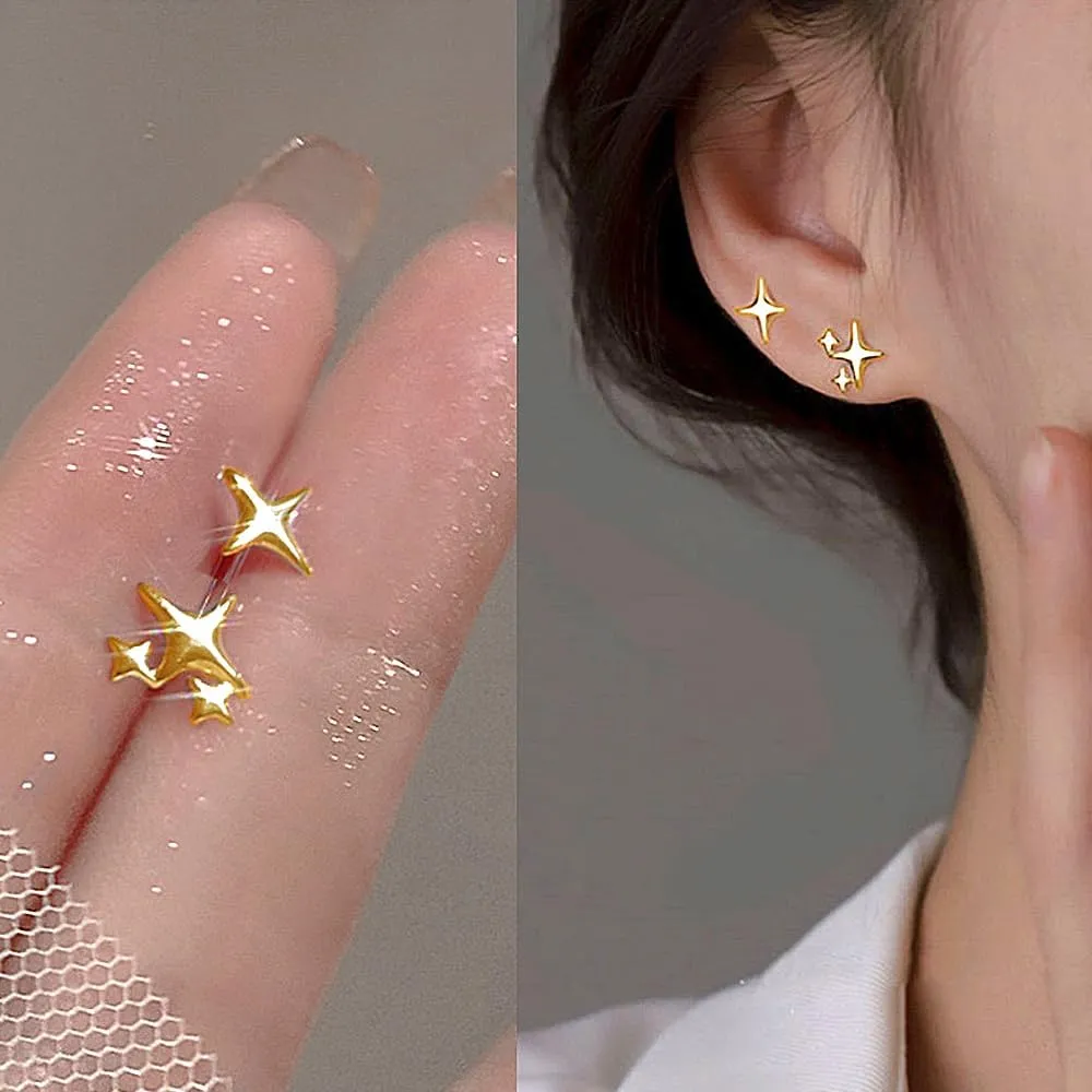 Silver Star Stud Earrings Tiny Asymmetrical Hypoallergenic Pierced Earrings Dainty Birthday Jewelry Accessories Gifts for Women