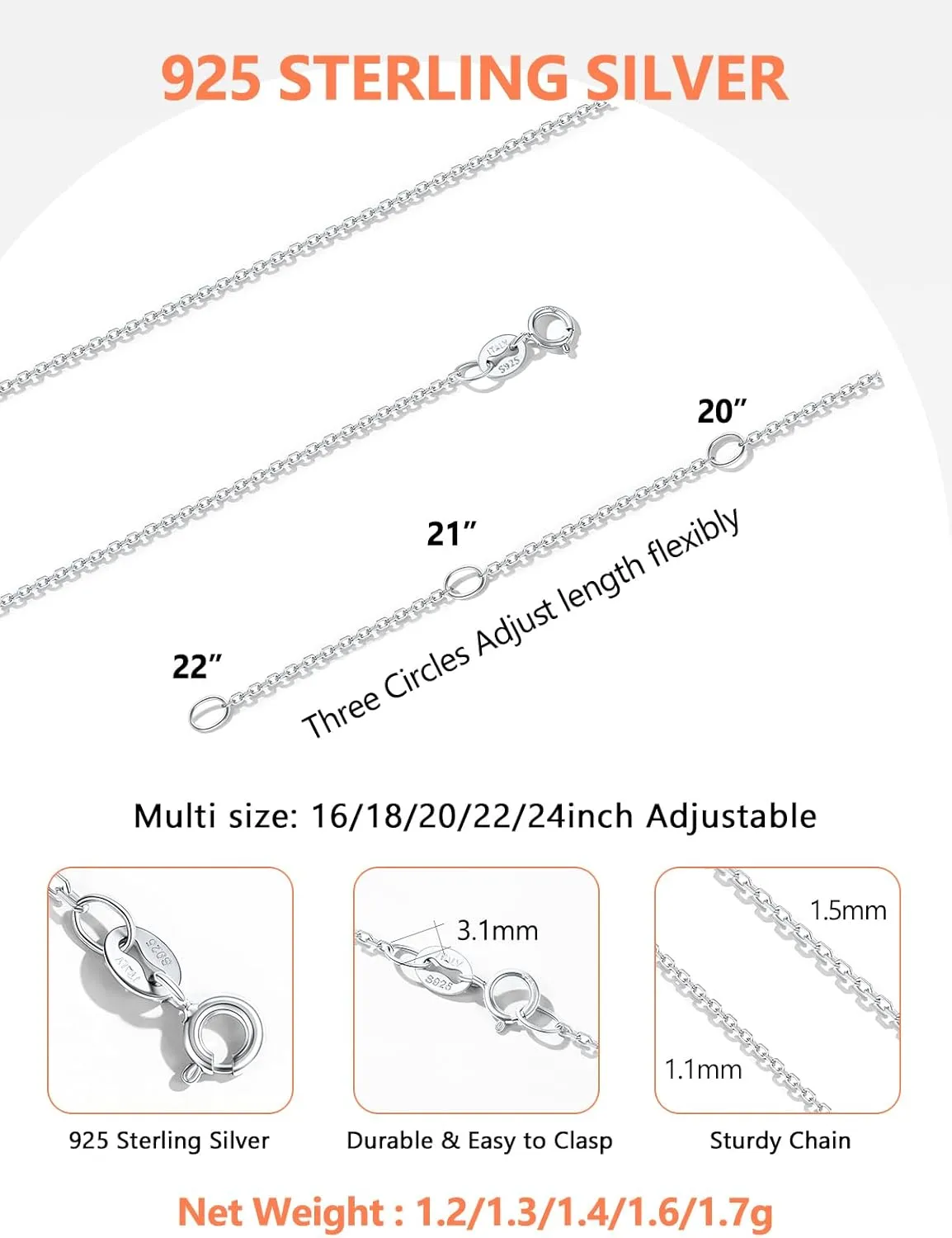 Silvora 925 Sterling Silver Chain Necklace 1.1/1.5mm Thin Silver Chain for Women-Sturdy & Shiny-Women's Chain Necklaces,Adjustable Length 16/17/18/20/22/24 Inches