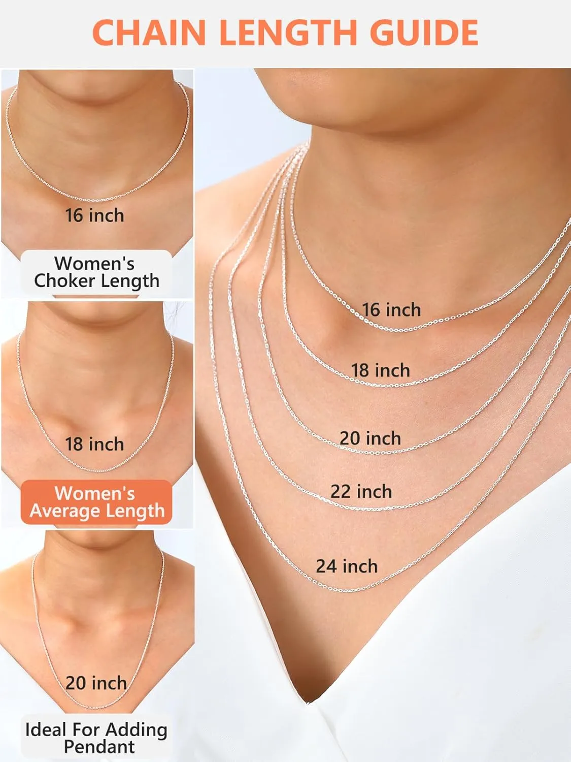 Silvora 925 Sterling Silver Chain Necklace 1.1/1.5mm Thin Silver Chain for Women-Sturdy & Shiny-Women's Chain Necklaces,Adjustable Length 16/17/18/20/22/24 Inches