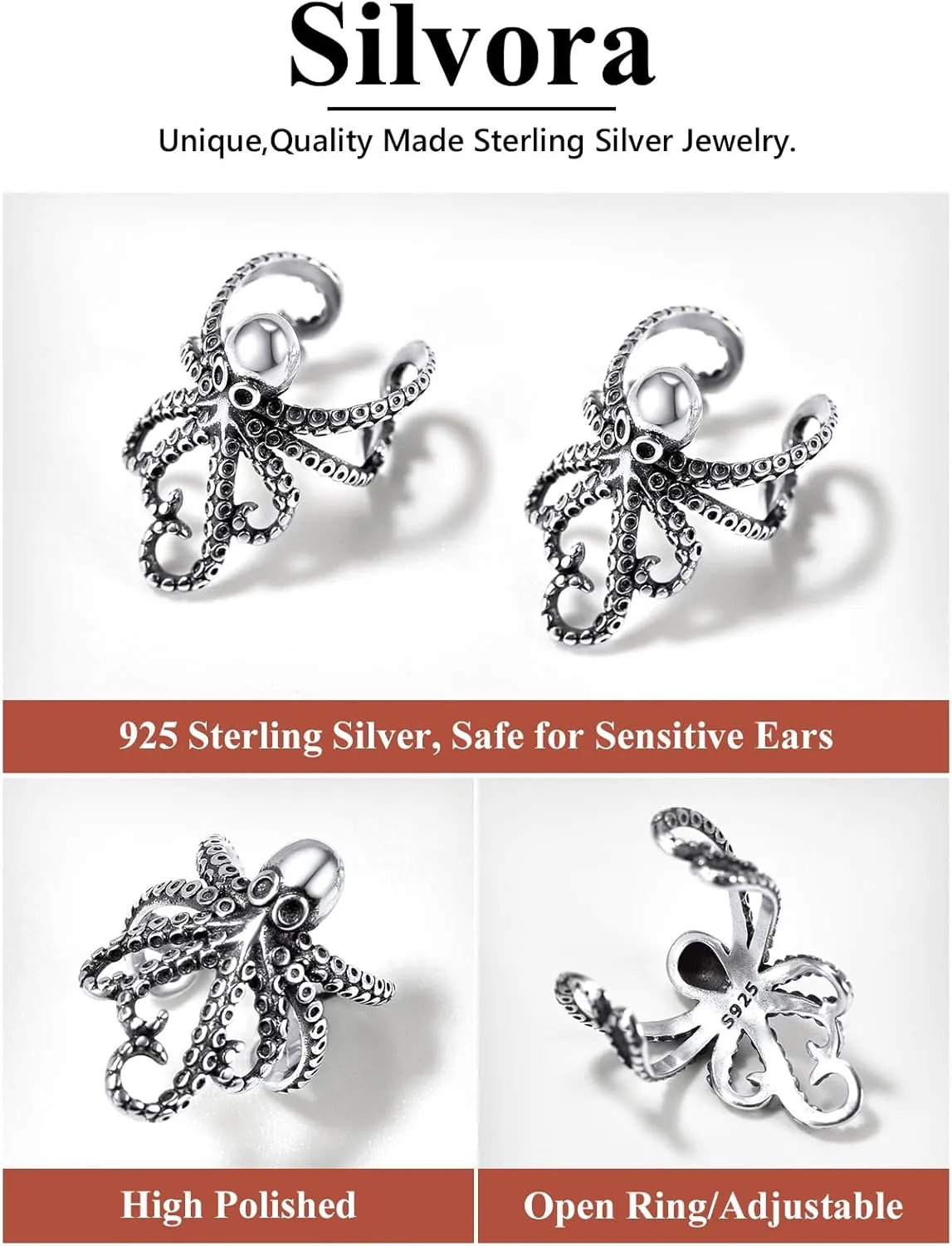 Silvora Skeleton Ear Cuff Cartilage Earring in Solid Sterling Silver Skull Scorpion Octopus Spider Dragon Bones Earrings for Women Men (with Gift Box)