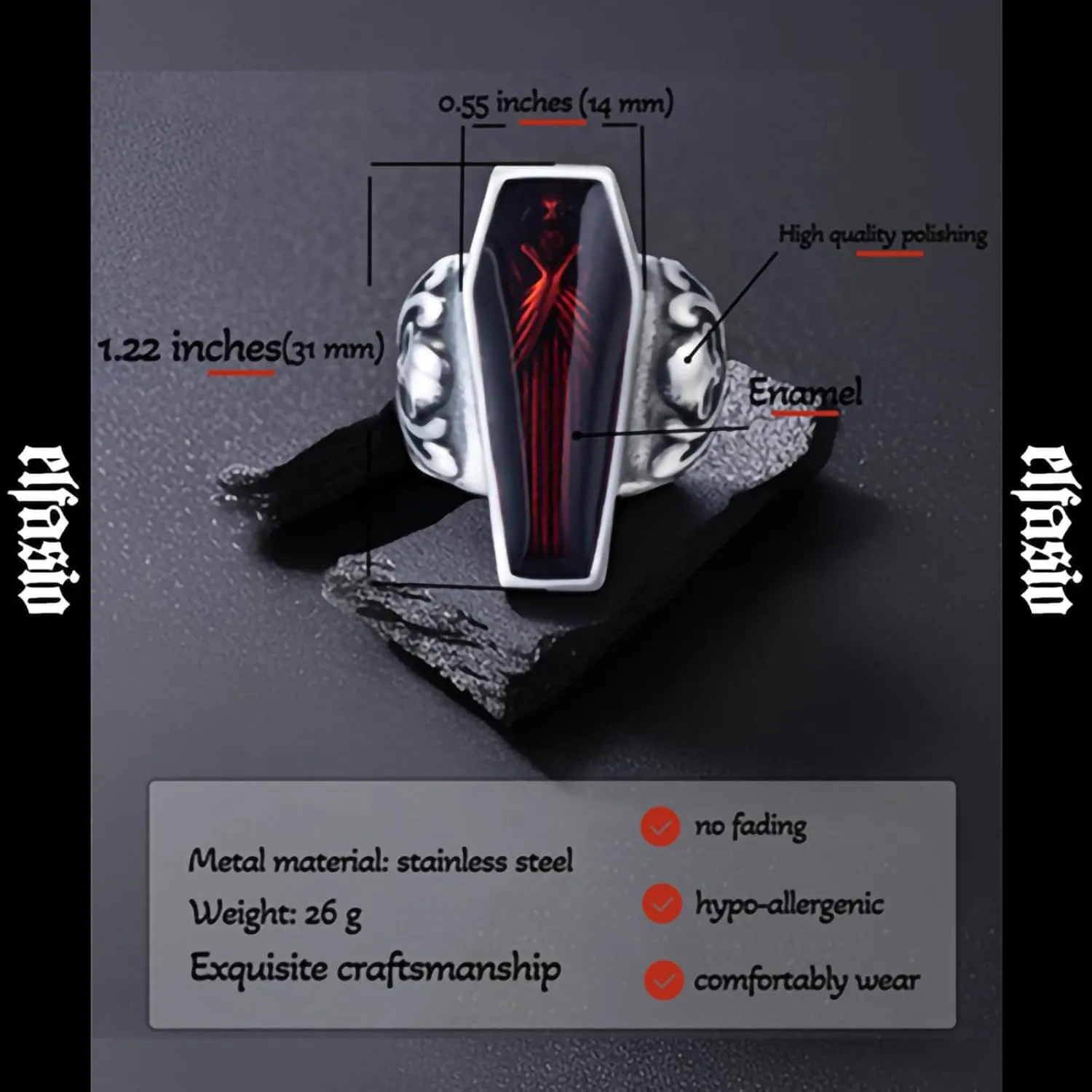 Skull Rings for Men Stainless Steel Gothic Vampire Bloody Red Enamel Coffin Bike Jewelry Size 8-14