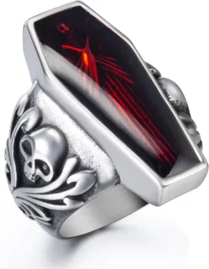 Skull Rings for Men Stainless Steel Gothic Vampire Bloody Red Enamel Coffin Bike Jewelry Size 8-14