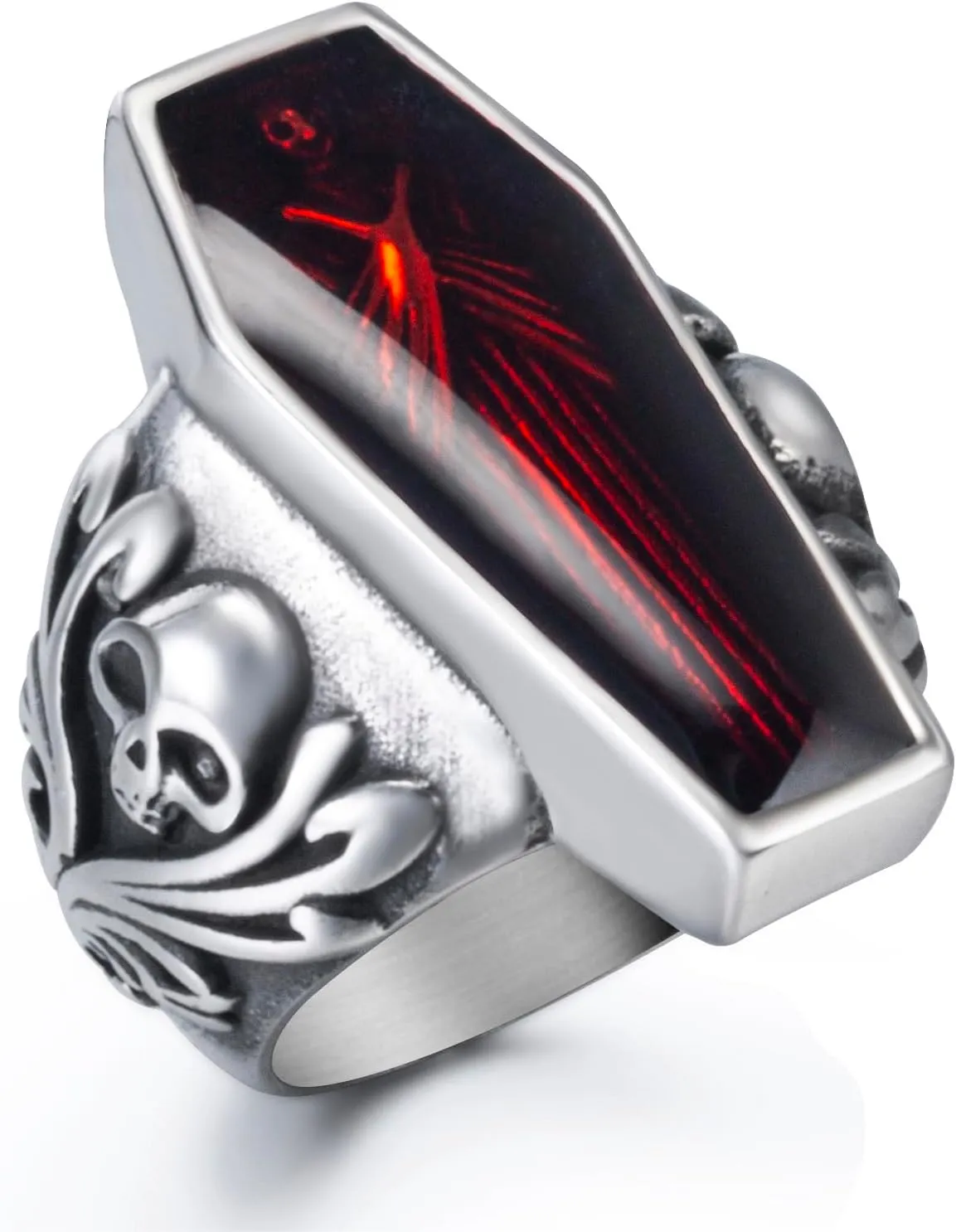 Skull Rings for Men Stainless Steel Gothic Vampire Bloody Red Enamel Coffin Bike Jewelry Size 8-14