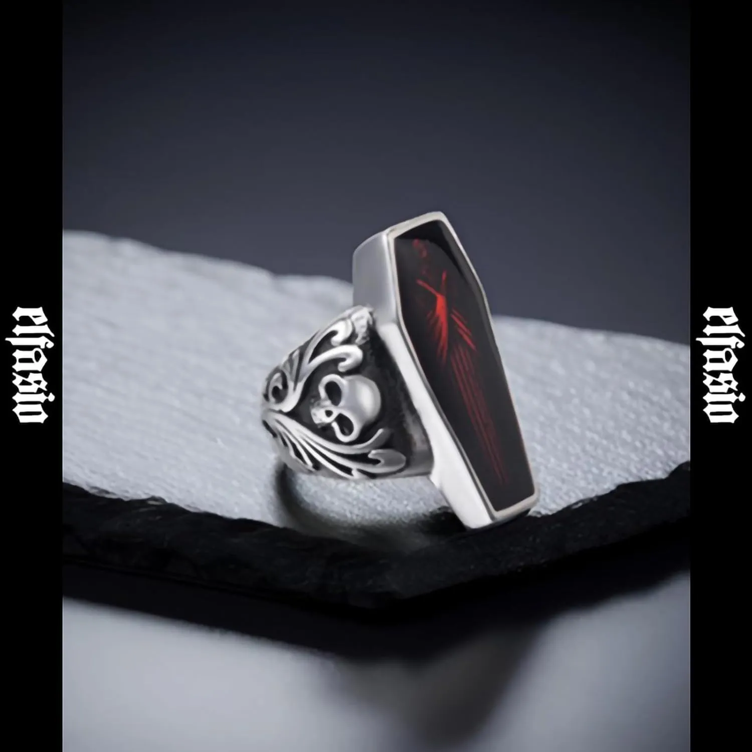 Skull Rings for Men Stainless Steel Gothic Vampire Bloody Red Enamel Coffin Bike Jewelry Size 8-14