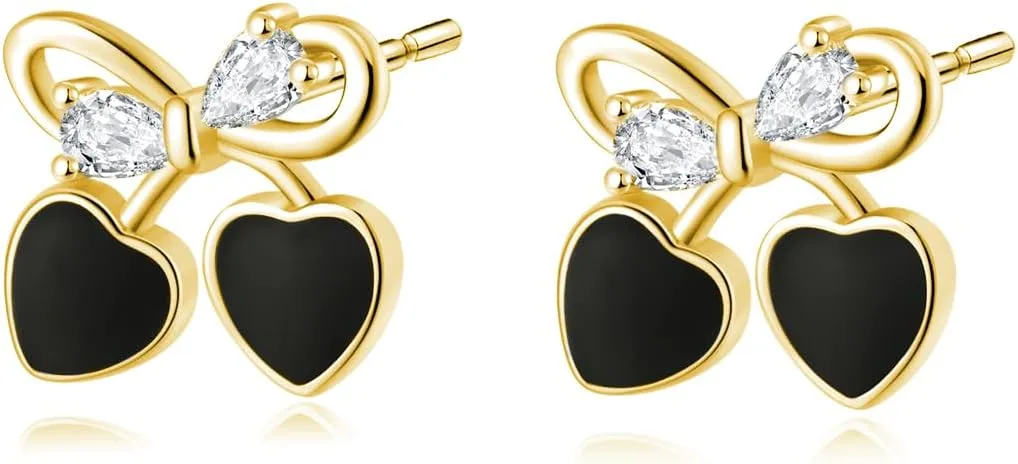 SLUYNZ Solid 925 Sterling Silver Black Heart Bow Earrings Studs for Women CZ Bow Studs Earrings