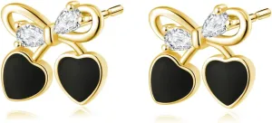 SLUYNZ Solid 925 Sterling Silver Black Heart Bow Earrings Studs for Women CZ Bow Studs Earrings