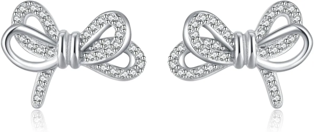 SLUYNZ Sterling Silver CZ Bow Studs Earrings for Women Teens Bowknot Studs Earrings