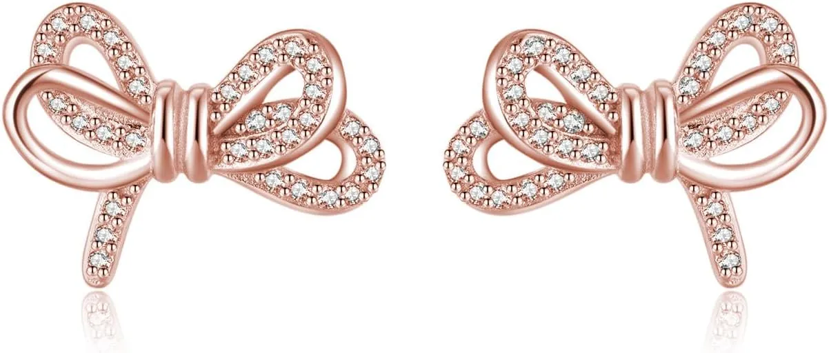 SLUYNZ Sterling Silver CZ Bow Studs Earrings for Women Teens Bowknot Studs Earrings