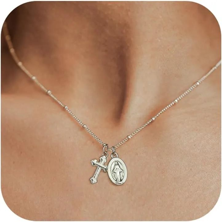 Small Cross Necklace for Women Dainty 14K Gold Silver Plated Cross Pendant Necklace Everyday Simple Cross Charm Choker Minimalist Religious Jewelry Cute Trendy Gifts
