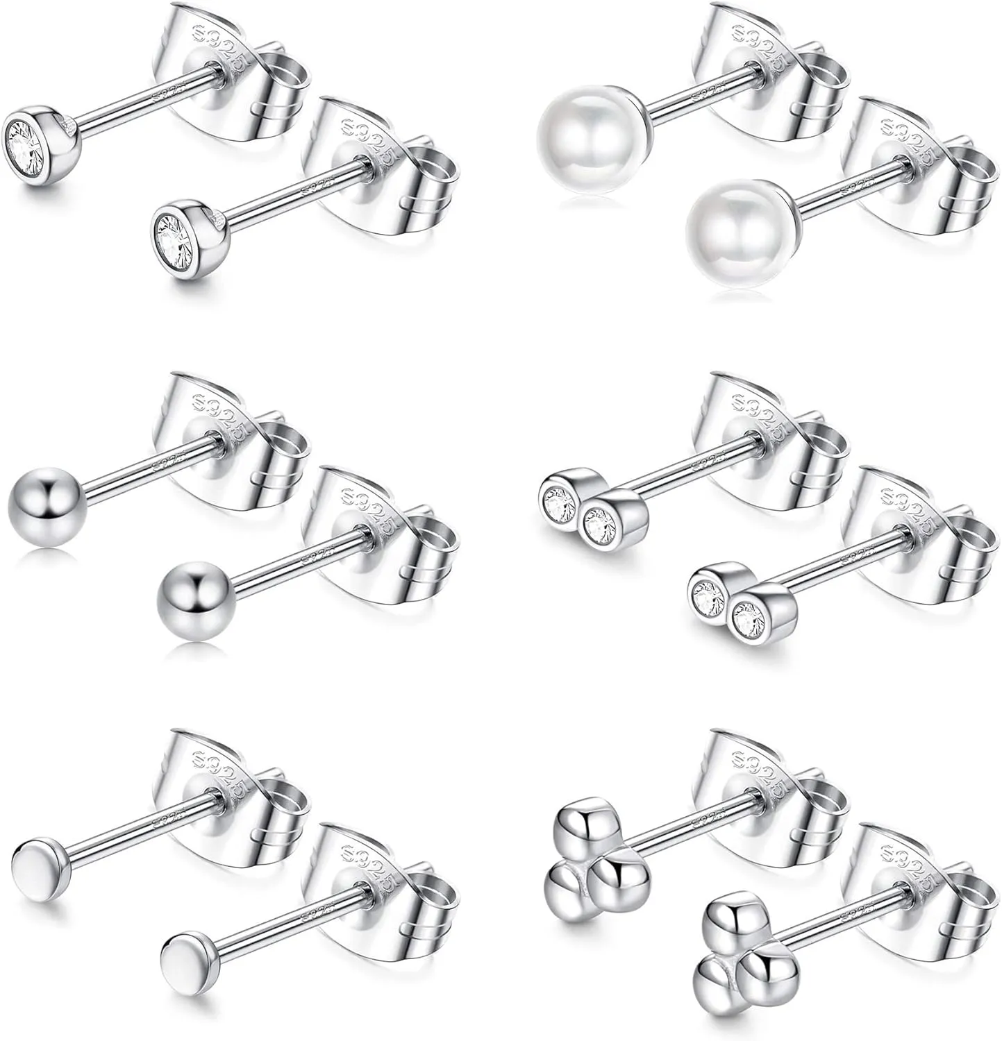Small Earrings For Women White Gold Plated 925 Sterling Silver Stud Earrings Tiny Ball Dot Pearl Bar CZ Stud Earrings Set Simple Cartilage Jewelry Birthday Christmas Gift