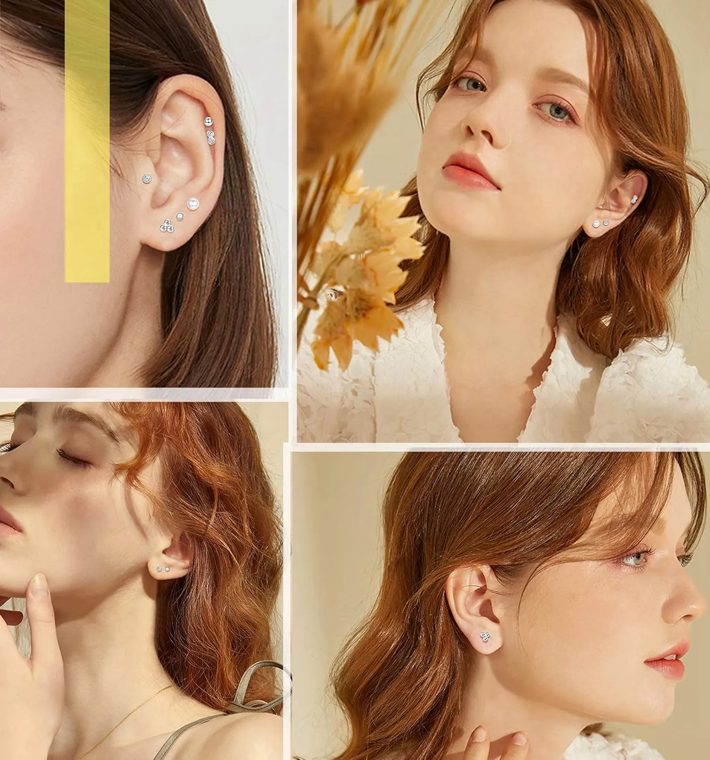 Small Earrings For Women White Gold Plated 925 Sterling Silver Stud Earrings Tiny Ball Dot Pearl Bar CZ Stud Earrings Set Simple Cartilage Jewelry Birthday Christmas Gift