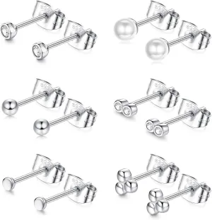 Small Earrings For Women White Gold Plated 925 Sterling Silver Stud Earrings Tiny Ball Dot Pearl Bar CZ Stud Earrings Set Simple Cartilage Jewelry Birthday Christmas Gift