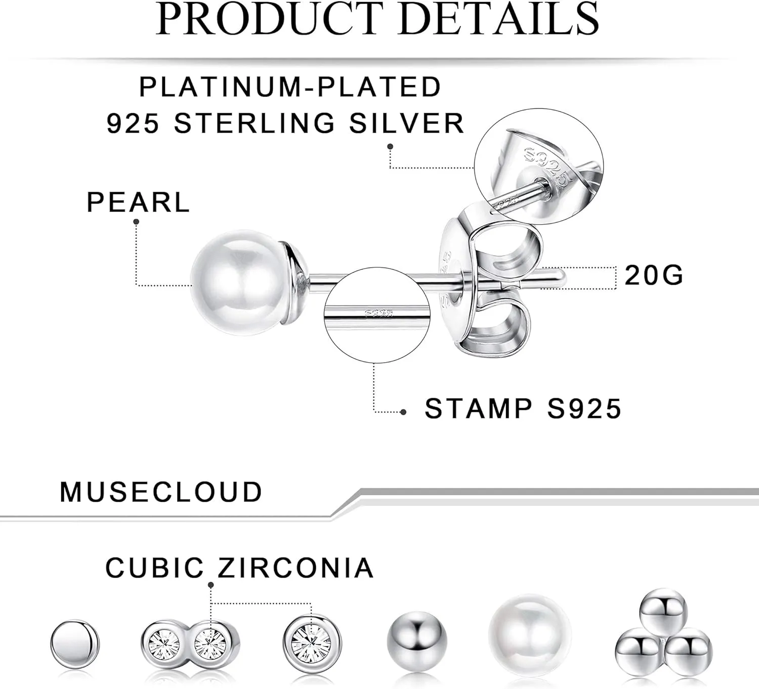 Small Earrings For Women White Gold Plated 925 Sterling Silver Stud Earrings Tiny Ball Dot Pearl Bar CZ Stud Earrings Set Simple Cartilage Jewelry Birthday Christmas Gift