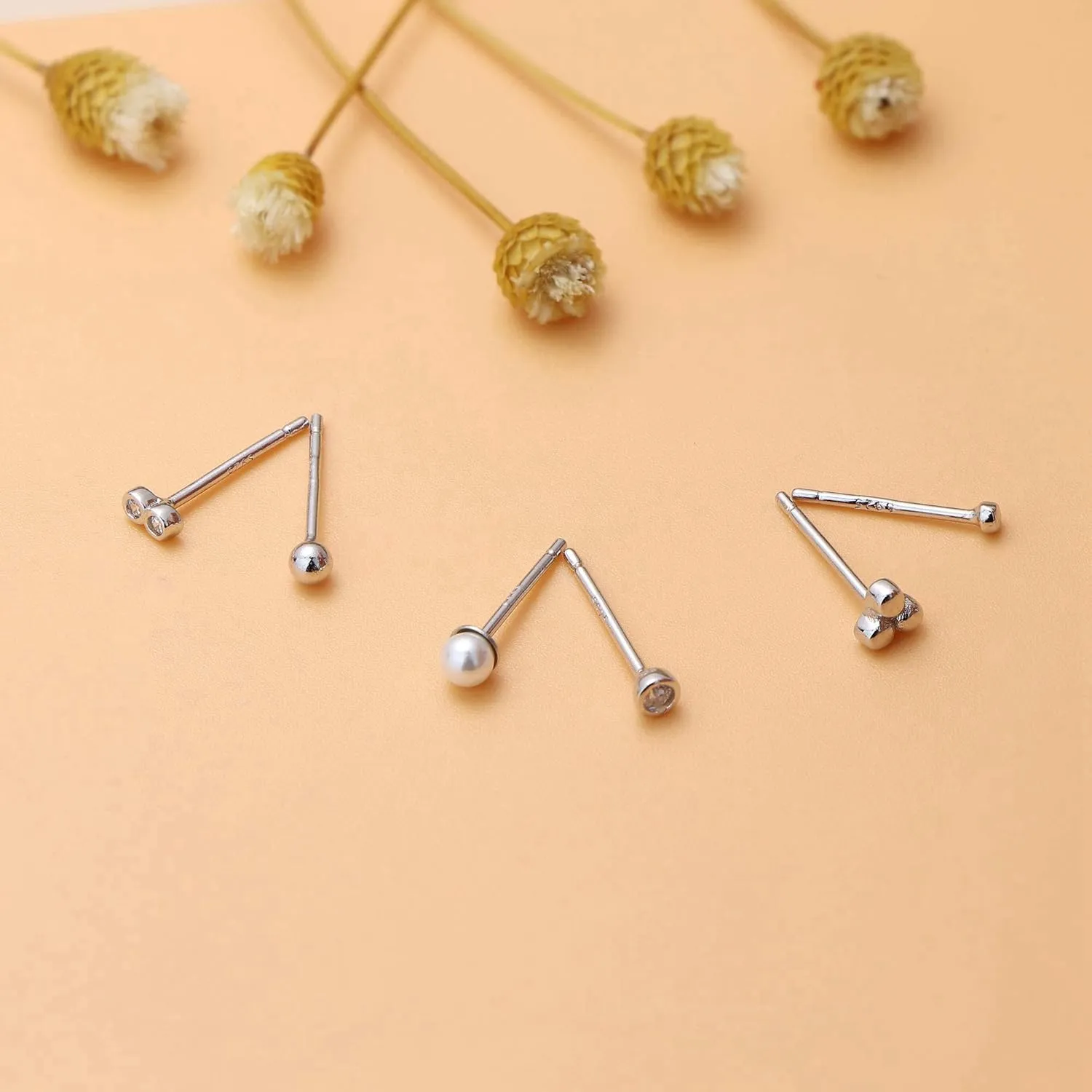 Small Earrings For Women White Gold Plated 925 Sterling Silver Stud Earrings Tiny Ball Dot Pearl Bar CZ Stud Earrings Set Simple Cartilage Jewelry Birthday Christmas Gift