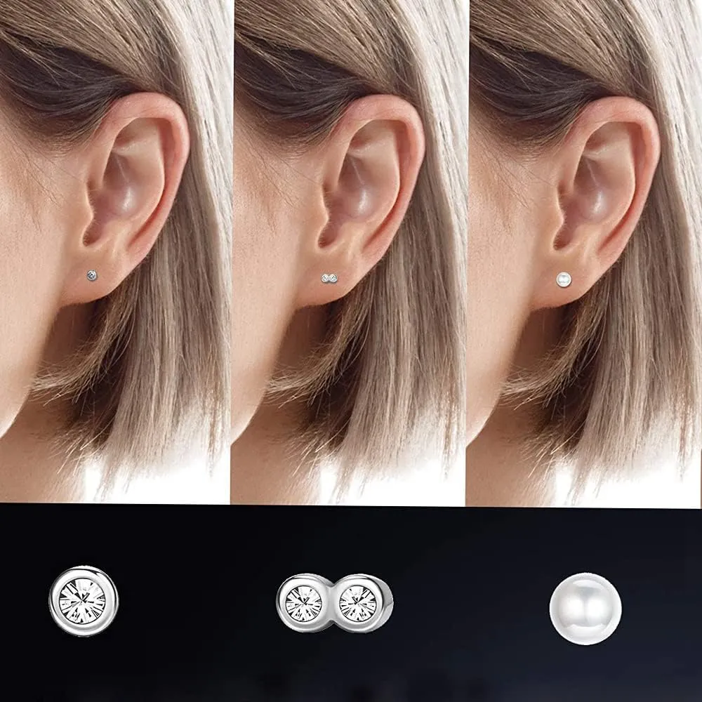 Small Earrings For Women White Gold Plated 925 Sterling Silver Stud Earrings Tiny Ball Dot Pearl Bar CZ Stud Earrings Set Simple Cartilage Jewelry Birthday Christmas Gift