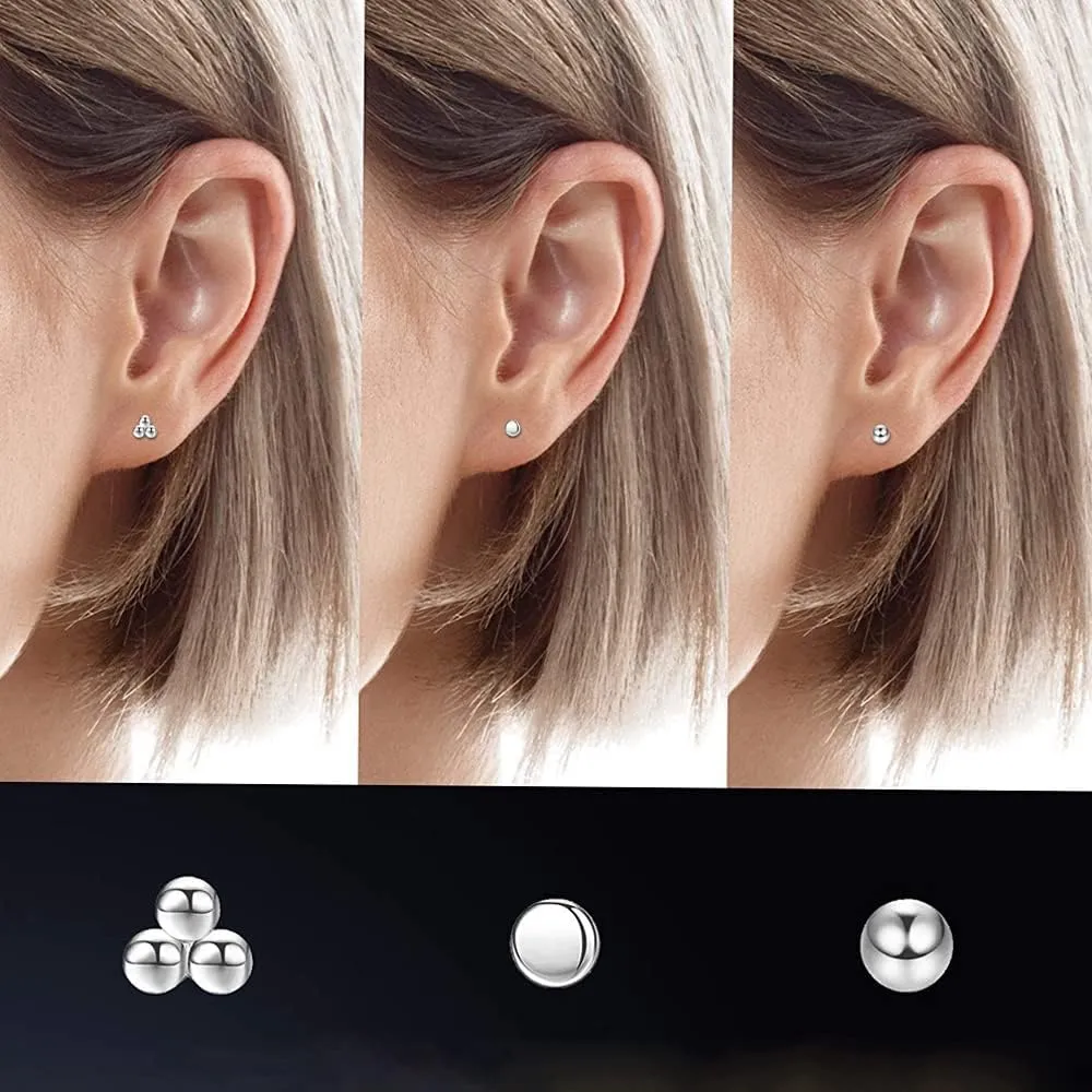 Small Earrings For Women White Gold Plated 925 Sterling Silver Stud Earrings Tiny Ball Dot Pearl Bar CZ Stud Earrings Set Simple Cartilage Jewelry Birthday Christmas Gift