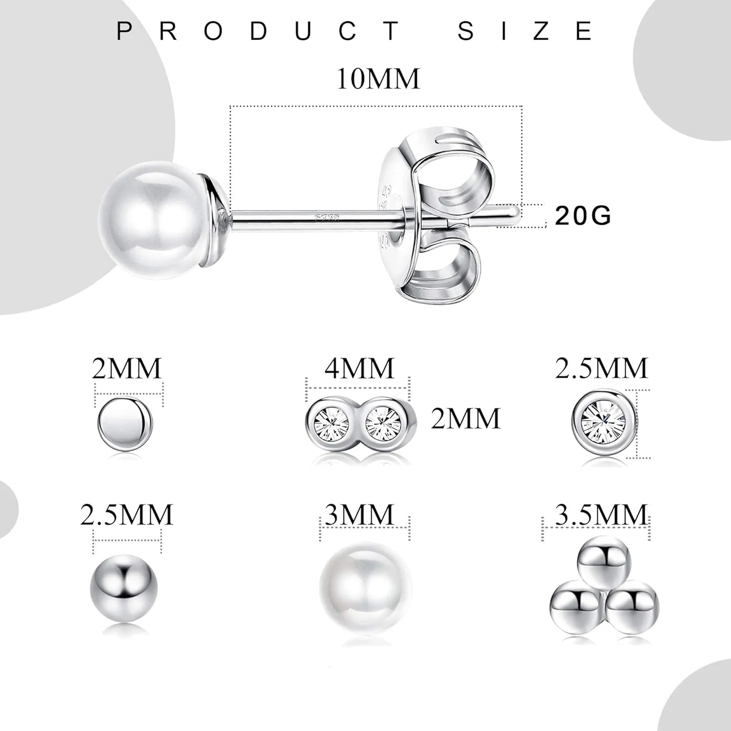 Small Earrings For Women White Gold Plated 925 Sterling Silver Stud Earrings Tiny Ball Dot Pearl Bar CZ Stud Earrings Set Simple Cartilage Jewelry Birthday Christmas Gift